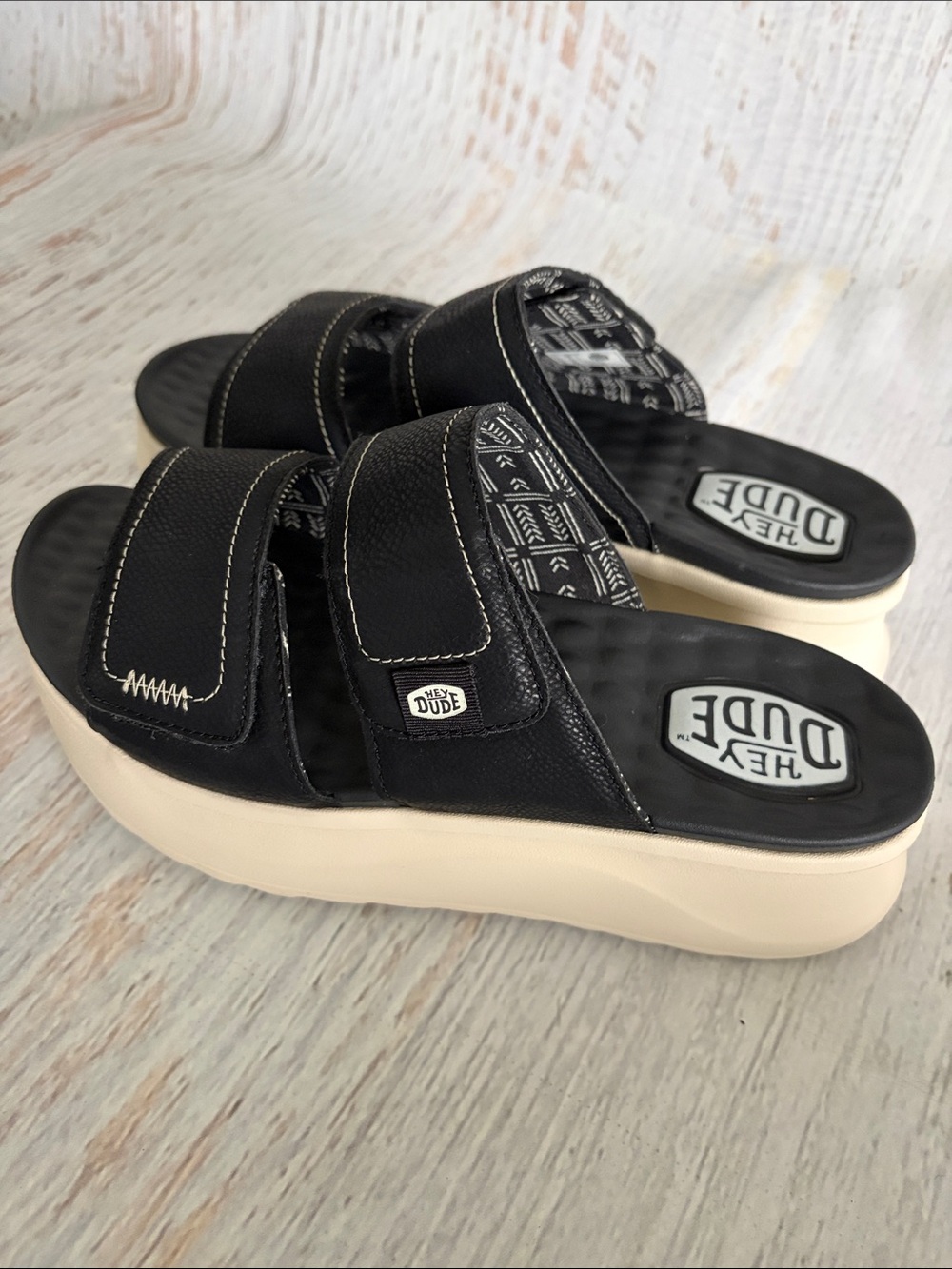 Hey Dude Delray Slide Classic Black Double-Strap (Velcro) with Cream Platform - Picture 4 of 7
